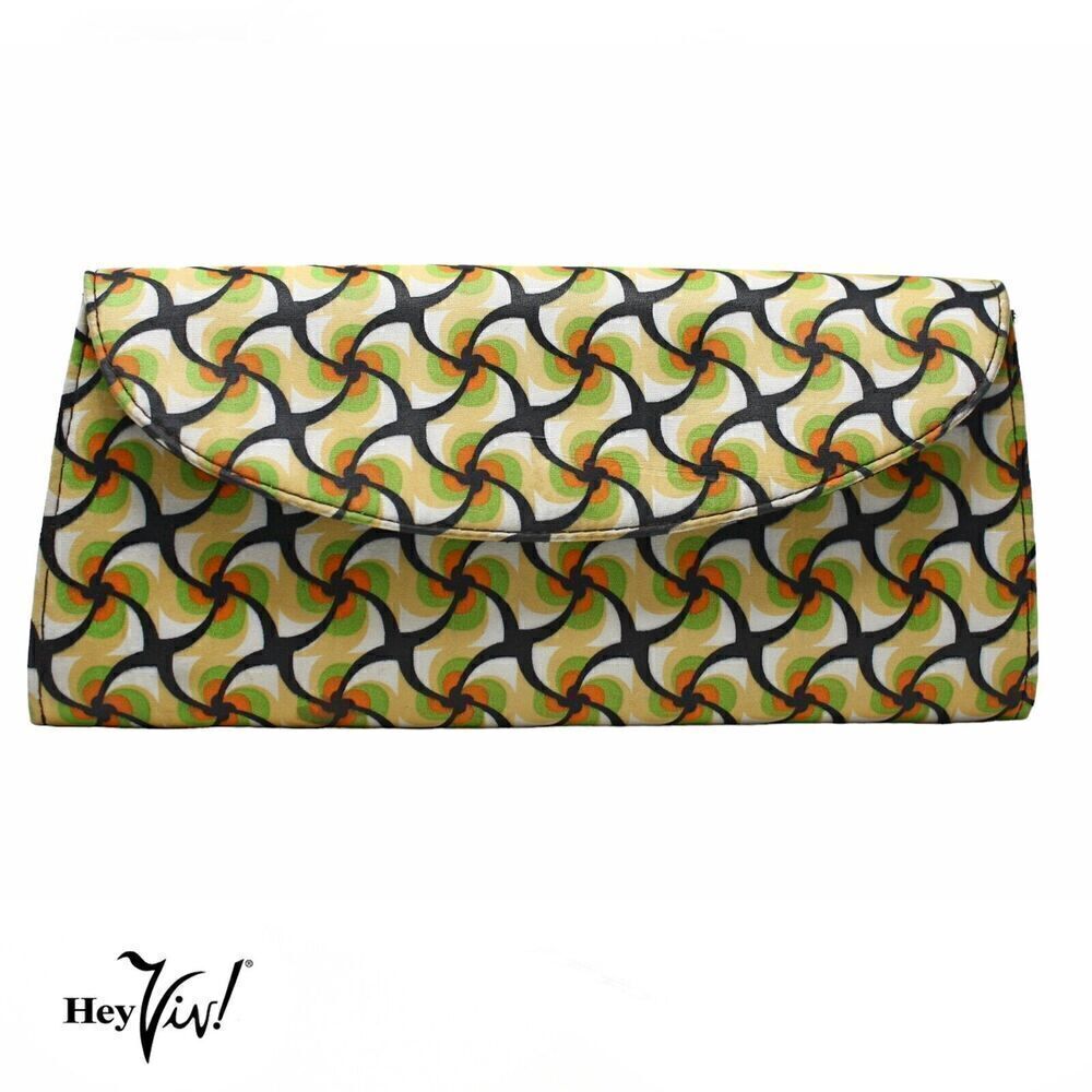 Vintage Clutch Purse Hand Bag w Mod Black Green Gold Swirl Print 12x6" - Hey Viv